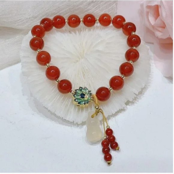 New Gold Plated Glorious Lotus Red Agate Charm Bracelet - Picture 5 of 12